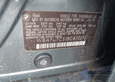 2011 BMW 535I xDrive z USA, uszkodzony, nr VIN WBAFU7C51BC870272